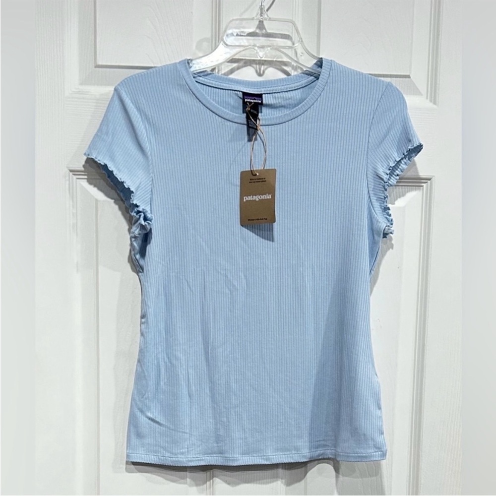 Patagonia Women's Medium Rib Knit Top Fleck Blue NWT Slim Fit Cap Sleeves